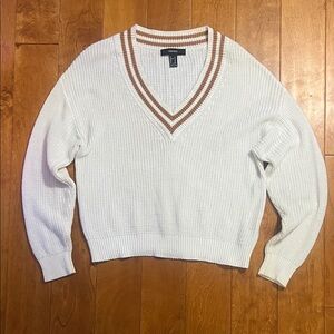 Forever 21 V-Neck Varsity Sweater Size M Cream Striped Collar Preppy Academia